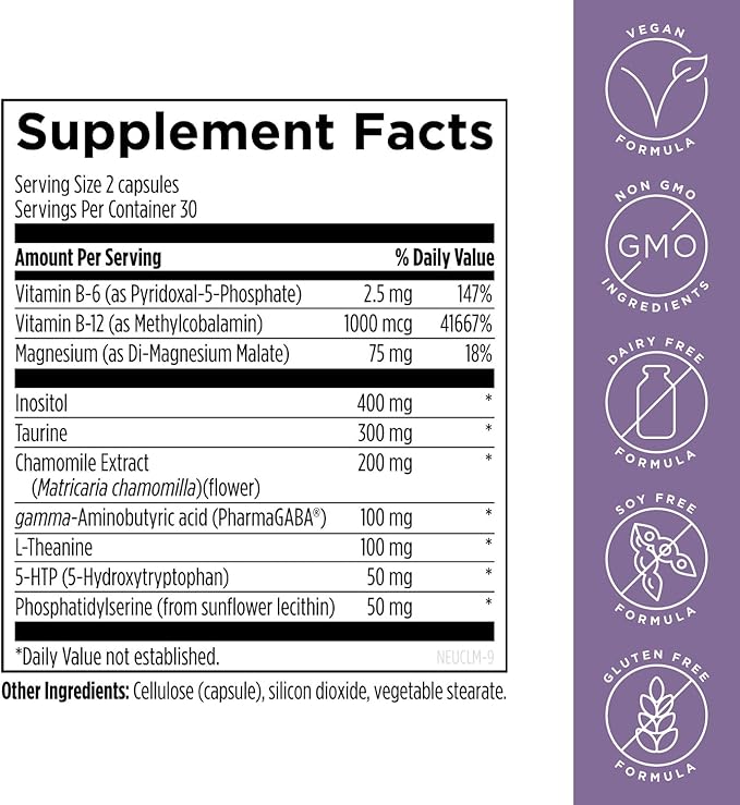 Designs for Health NeuroCalm - 5HTP GABA L-Theanine Supplement for Stress Response - Methylated B12, Vitamin B6, Taurine, Chamomile & Magnesium Supplement for Mood Support (60 Vegan Capsules)