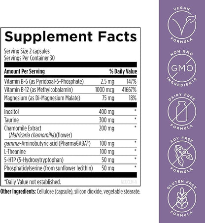 Designs for Health NeuroCalm - 5HTP GABA L-Theanine Supplement for Stress Response - Methylated B12, Vitamin B6, Taurine, Chamomile & Magnesium Supplement for Mood Support (60 Vegan Capsules)