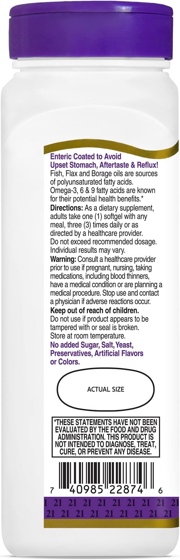 21st Century Vitamins Enteric Coated Triple Omega Complex 3-6-9, Reflux Free 90 Softgels, MTC22874X5