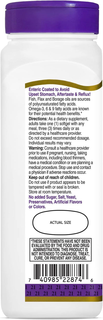 21st Century Vitamins Enteric Coated Triple Omega Complex 3-6-9, Reflux Free 90 Softgels, MTC22874X5