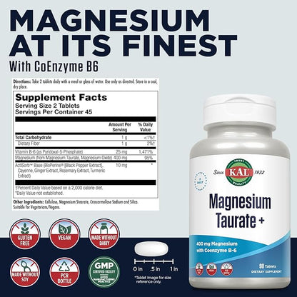 KAL Magnesium Taurate 400mg Plus CoEnzyme Vitamin B6, Chelated Magnesium Supplement, Healthy Muscle Function, Nerve and Heart Health Support, Gluten Free, Vegan, 60-Day Guarantee, 45 Serv, 90 Tablets