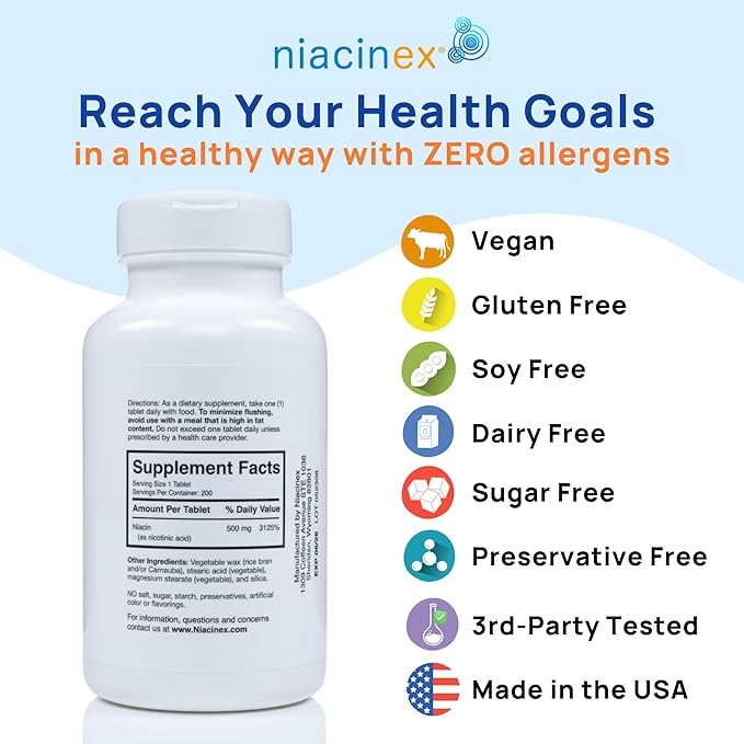 Niacin 500mg Extended Time Release Tablets Minimal to No-Flush, Vitamin B3 Supplement - Cholesterol Balance, Nicotinic Acid - Vegan, cGMP, made in The USA (1 Pack)