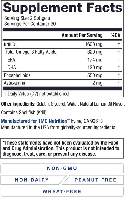 1MD Nutrition KrillMD - Antarctic Krill Oil Omega 3 Supplement with Astaxanthin, EPA, DHA | 2X More Effective Than Fish Oil | 60 Softgels