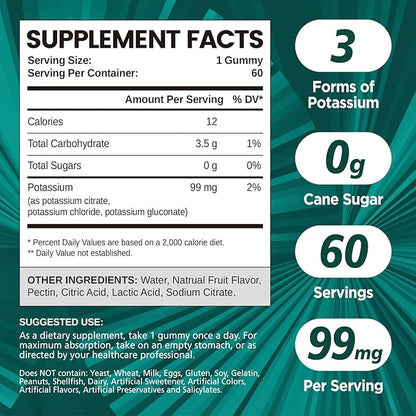 Potassium 3 in 1 Complex Gummies Sugar Free, New Formula with 99mg Potassium Citrate, Potassium Chloride, Potassium Gluconate, Leg Cramps & Muscle Supplements, 60 Chewables
