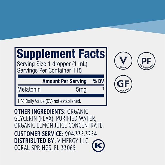 Vimergy Melatonin 5 mg – Natural Sleep Aid – Sleep Supplement – Helps You Fall Asleep Faster & Stay Asleep Longer - Non-GMO, Gluten-Free, Kosher, Soy-Free, Vegan, Paleo (115 mL)