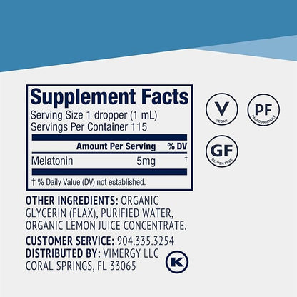 Vimergy Melatonin 5 mg – Natural Sleep Aid – Sleep Supplement – Helps You Fall Asleep Faster & Stay Asleep Longer - Non-GMO, Gluten-Free, Kosher, Soy-Free, Vegan, Paleo (115 mL)