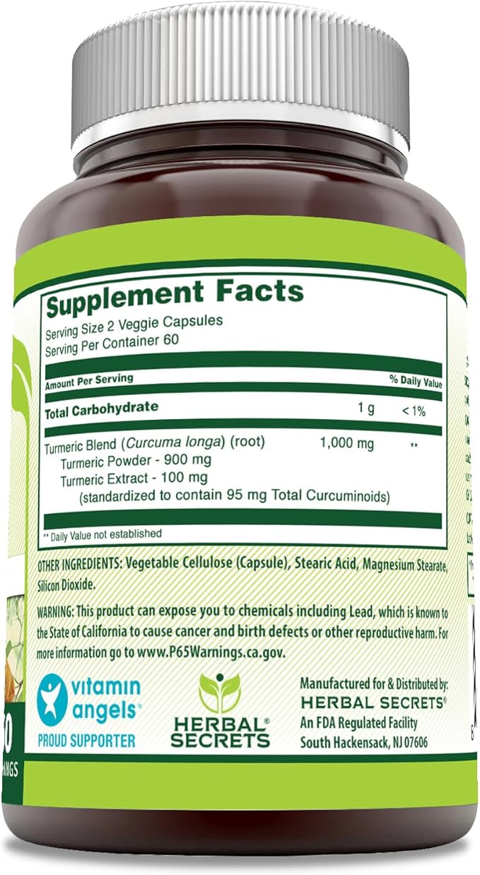 Herbal Secrets Turmeric Curcumin Supplement | 1000 Mg Per Serving | 120 Veggie Capsules | Blend of Turmeric Powder & Turmeric Extract | Non-GMO | Gluten Free | Made in USA