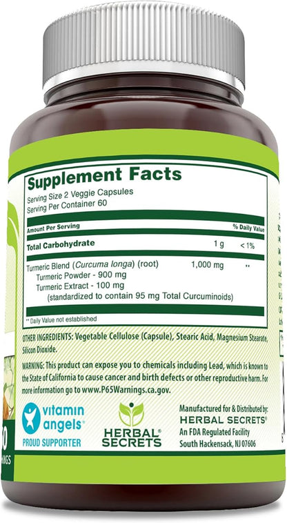 Herbal Secrets Turmeric Curcumin Supplement | 1000 Mg Per Serving | 120 Veggie Capsules | Blend of Turmeric Powder & Turmeric Extract | Non-GMO | Gluten Free | Made in USA