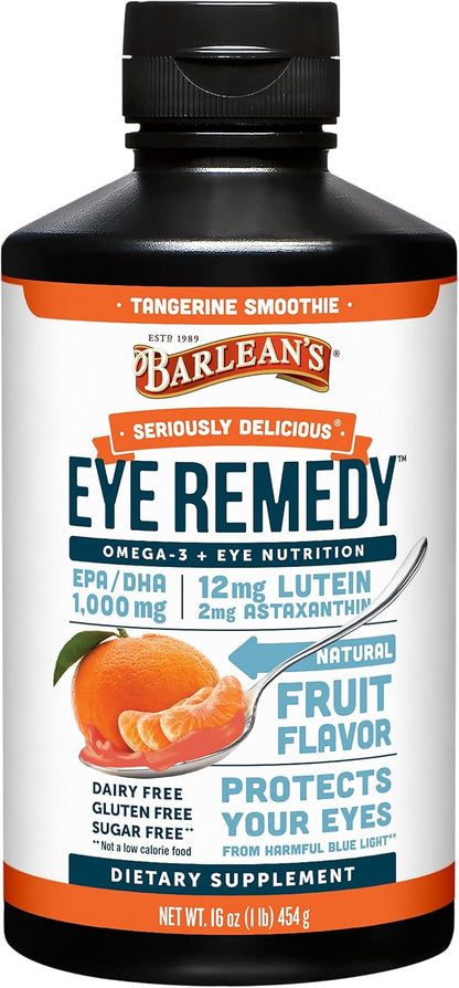 Barlean's Eye Remedy Supplement, Tangerine Flavored Fish Oil Liquid with Lutein, Astaxanthin and Zeaxanthin,1,000mg Omega 3 EPA DHA, Eye Care Supplements, 16 oz