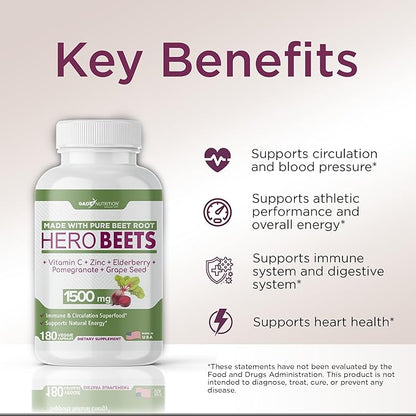 Gade Nutrition Hero Beets - Beet Root Capsules 1500mg - Organic Beet Root Powder + Vitamin C Zinc, Elderberry, Pomegranate, Grape Seed Extract - 3 Months Supply