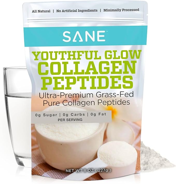 SANE MD - Youthful Glow Vital Collagen Powder - Organic Grass Fed Bovine Hydrolyzed Collagen Peptides Powder for Hair, Nails, Skin & Joint Health - NSF Certified - 37 Servings