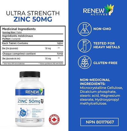 Renew Actives Zinc Supplements 50MG per Serving - Essential for Immune Health, Strong Bones & Promoting Healthy Hair, Nails & Glowing Skin for Daily Use - Made in Canada - 250 Tablets