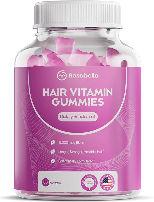Rosabella Hair Growth Gummies for Women & Men – Vegan Hair Gummies with 5000mcg Biotin – Hair Vitamins for Strong, Healthy-Looking Hair – Gummy Biotin Supplement – 60 Count