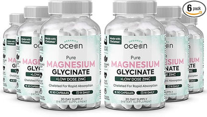 Pure Magnesium Glycinate with Zinc - Maximum Strength Chelated Magnesium Supplement for Women and Men for Muscle Cramps and Sleep Support - 6 Bottles
