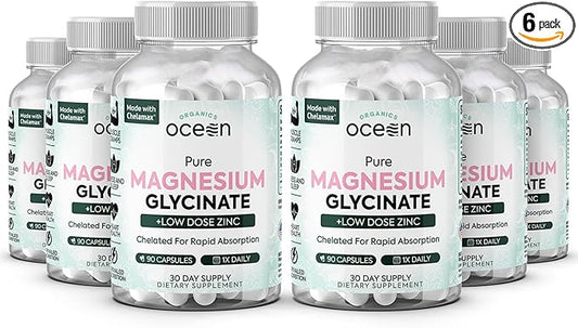 Pure Magnesium Glycinate with Zinc - Maximum Strength Chelated Magnesium Supplement for Women and Men for Muscle Cramps and Sleep Support - 6 Bottles