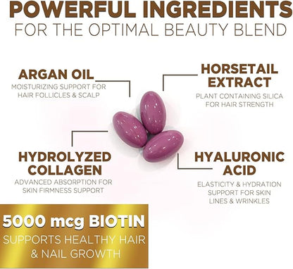 Hair Vitamins Women, Ultra Strength 5000mcg Biotin, Collagen, PABA & More - Womens Hair Growth, Skin, Nails & Keratin Support Supplement, Infused w/ Argan Oil & Hyaluronic Acid, Non-GMO - 60 Softgels