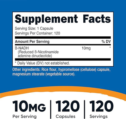 Nutricost NADH 10mg Per Serving 120 Capsules - B-Nicotinamide Adenine Dinucleotide, Vegan, Gluten-Free