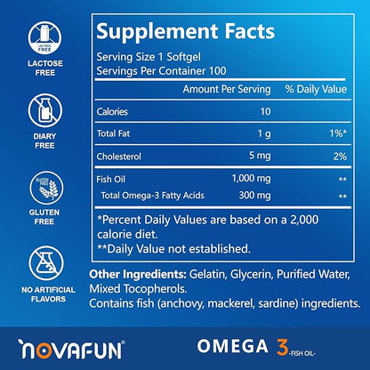 Omega 3 Fish Oil 1000mg Softgels, Omega 3 Fatty Acid Supplement with EPA and DHA, Fish Oil Omega 3 Supplements for Heart, Brain, Joints, Eye Health, 100 Count