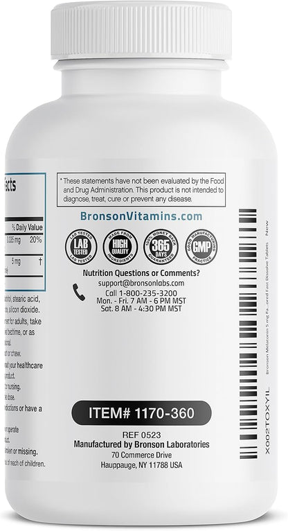 Bronson Melatonin 5mg Fast Dissolve Cherry Flavor Tablets with Vitamin B6 - Nighttime Sleep Aid - Promotes Relaxation, 360 Vegetarian Chewable Lozenges