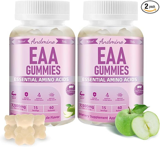 EAA Gummies 7500 mg, BCAA Gummies, Amino Acids Supplement for Muscle, Immune, Nervous & Digestive Health, for Adults & Kids, Non-GMO, Vegan, Gluten Free, Apple Flavor, 120