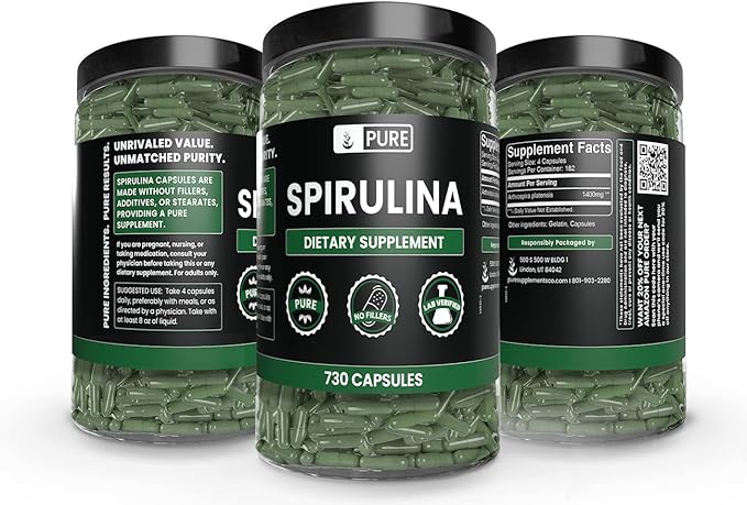 PURE ORIGINAL INGREDIENTS Spirulina (730 Capsules) No Magnesium Or Rice Fillers, Always Pure, Lab Verified