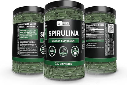 PURE ORIGINAL INGREDIENTS Spirulina (730 Capsules) No Magnesium Or Rice Fillers, Always Pure, Lab Verified