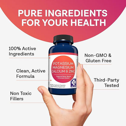 MD. Life Potassium Magnesium Zinc Calcium Supplement – Supports Bone Health & Muscle Health – Promotes Calcium Absorption and Immune Function – Magnesium Potassium Zinc Aspartate - 120 Capsules