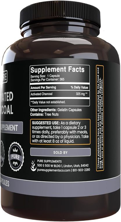 Pure Original Ingredients Activated Charcoal, No Magnesium or Rice Fillers, Always Pure, Lab Verified (365 Count)