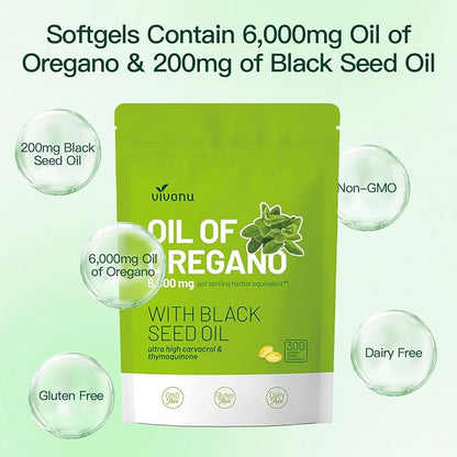Oil of Oregano Capsules, Balanced Oil of Oregano with Black Seed Oil, Organic Oregano Oil Softgels,Carvacrol,Thymoquinone, Non-GMO
