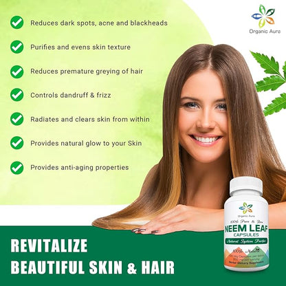Organic Aura Neem Capsules. 100% Pure and Potent. Raw Green Whole Superfood. Made with Whole Spectrum Neem Leaves. Miracle Detoxifying Agent. Radiant Skin and Immunity.