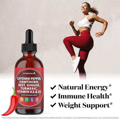Cayenne Pepper Supplement Liquid Drops + Hawthorn Berry, Vitamin D3 K2 Beet Root Powder, Ceylon Cinnamon, Turmeric Curcumin, Organic Panax Ginseng - 2 OZ