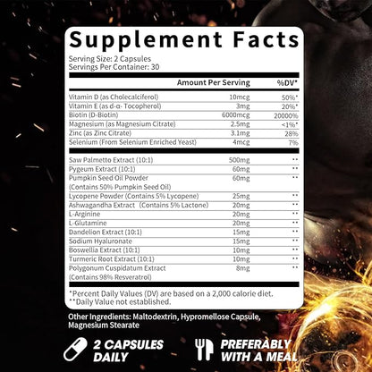 Saw Palmetto for Men 500mg - Prostate Support, Urinary & Hair Health Supplement with Pumpkin Seed Oill, Pygeum - Herbal Complex for Men's Wellness, Vegan Formula, 60 Capsules