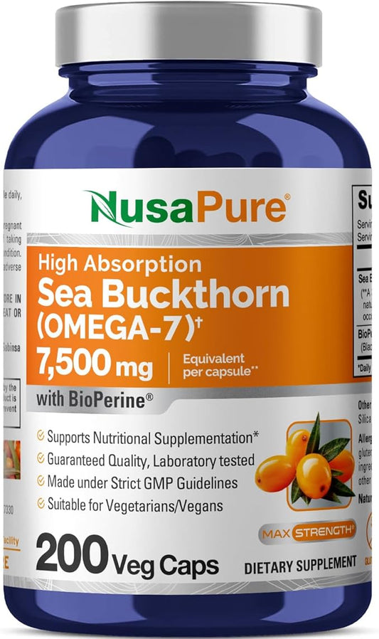 NusaPure Sea Buckthorn Omega-7 30:1 Extract, 250 mg Equivalent to 7,500mg per Veggie Powder Caps - 200 Count - Non-GMO & Vegan