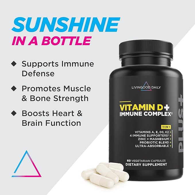 Livingood Daily Vitamin D + Immune Complex, Made with Vitamin D3 K2, Zinc, Magnesium, Vitamins E & A and Probiotics, Immune Support Supplement, Advanced Absorption, Gluten Free, Non GMO, 60 Capsules