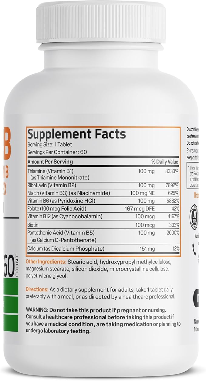 Bronson Vitamin B 100 Complex High Potency Sustained Release (Vitamin B1, B2, B3, B6, B9 - Folic Acid, B12), 60 Tablets