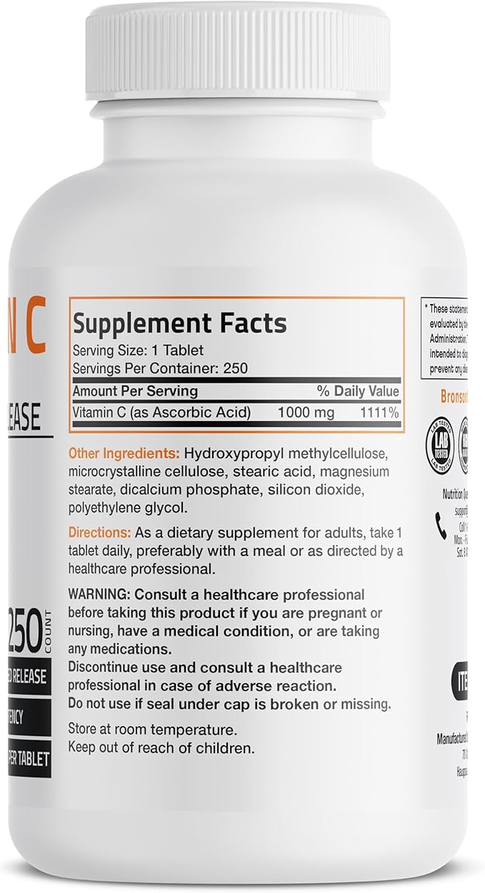 Bronson Vitamin C 1000 mg Sustained Release Premium Non-GMO Ascorbic Acid, 250 Tablets