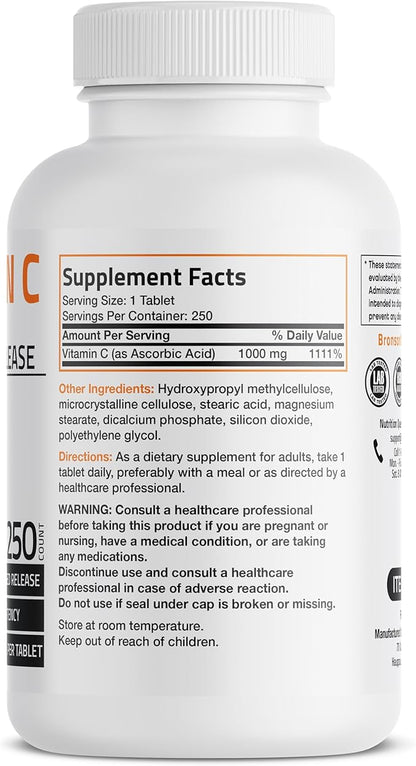 Bronson Vitamin C 1000 mg Sustained Release Premium Non-GMO Ascorbic Acid, 250 Tablets