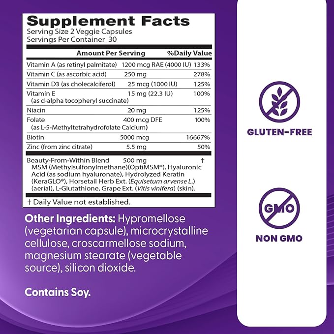 Doctor's Best Womens Hair, Skin & Nails with OptiMSM + KeraGLO, Comprehensive Beauty Support, Non-GMO, Gluten Free 60 Veggie Caps