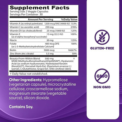 Doctor's Best Womens Hair, Skin & Nails with OptiMSM + KeraGLO, Comprehensive Beauty Support, Non-GMO, Gluten Free 60 Veggie Caps