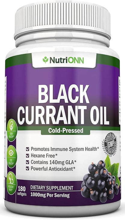 Black Currant Oil - 1000 Mg - 180 Softgels - Cold-Pressed Pure Black Currant Seed Oil - Hexane Free - 140mg GLA Per Serving - Regulates Hormonal Balance - Great for Immune System, Hair and Skin