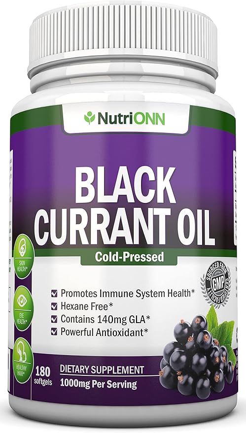 Black Currant Oil - 1000 Mg - 180 Softgels - Cold-Pressed Pure Black Currant Seed Oil - Hexane Free - 140mg GLA Per Serving - Regulates Hormonal Balance - Great for Immune System, Hair and Skin