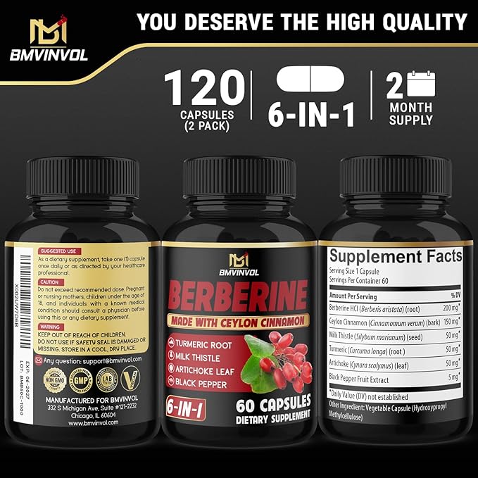 (2 Packs) Berberine Supplement Plus Ceylon Cinnamon, Turmeric, Artichoke, Milk Thistle, Black Pepper - 120 Capsules - 4 Months Supply