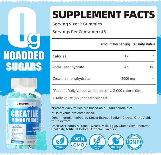 Creatine Monohydrate Gummies 5000mg for Men & Women, Chewables Creatine Monohydrate for Muscle Strength, Muscle Builder, Energy Boost, Pre-Workout Supplement-180 Blueberry Gummies