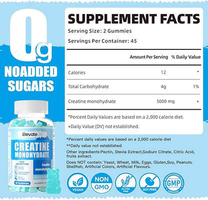 Creatine Monohydrate Gummies 5000mg for Men & Women, Chewables Creatine Monohydrate for Muscle Strength, Muscle Builder, Energy Boost, Pre-Workout Supplement-180 Blueberry Gummies