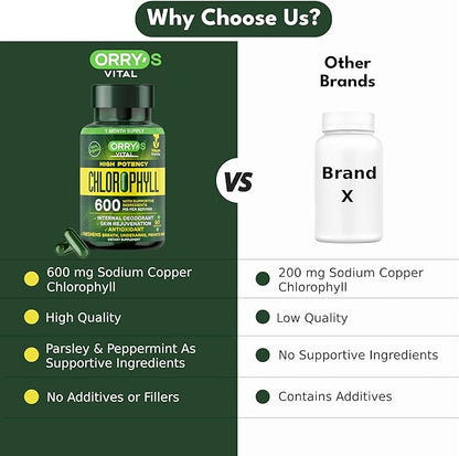 Orry's Vital Chlorophyll Capsules 600 mg - Natural Internal Deodorant to Detox Body Odor, Armpits & Private Parts - Body-Deodorizing Supplement: Supports Immunity and Digestion - 60 Chlorophyll Pills