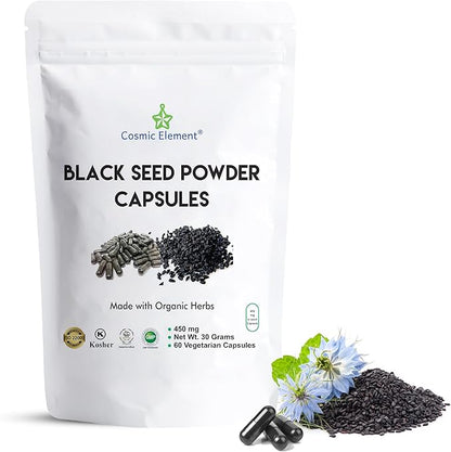 100% Pure Black Seed Powder Capsules Organic - Vegan Nigella Sativa 450mg Black Cumin Seeds per Serving- for Health - 60 Capsules