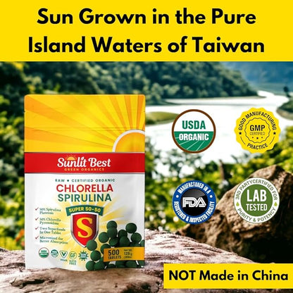 Sunlit Super 50/50 Organic Chlorella Spirulina Tablets - Super Supplement for Immune Support, Gut Health, Mood & Energy - Rich in Chlorophyll, Amino Acids & Vegan Protein, 500 Superfood Tabs