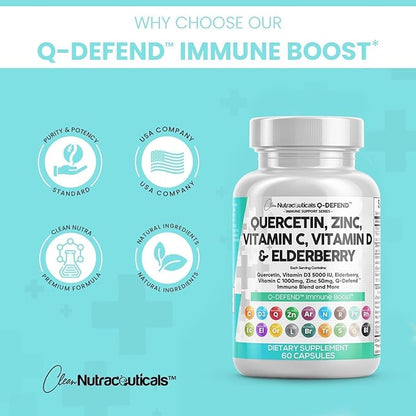 Clean Nutraceuticals Quercetin Zinc Vitamin C Vitamin D Bromelain Elderberry - Immune Defense Support Supplement Adults w Artemisinin, Sea Moss, Echinacea, Garlic Allergy Relief (5pack)