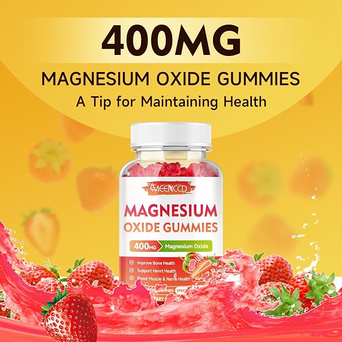 Magnesium Oxide Gummies 400mg, Chewable Magnesium Oxide Supplement for Adults & Kids, Nerve & Muscle Support, Non-GMO, Sugar-Free, Strawberry Flavor, 60 Count