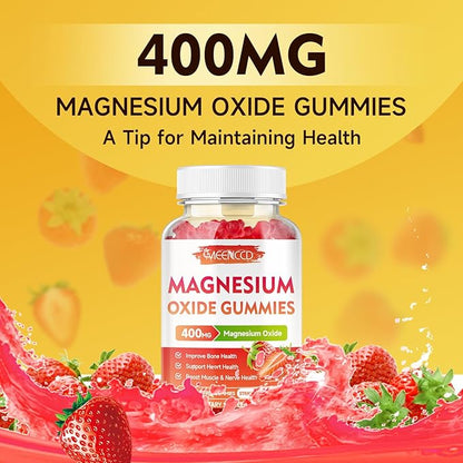 Magnesium Oxide Gummies 400mg, Chewable Magnesium Oxide Supplement for Adults & Kids, Nerve & Muscle Support, Non-GMO, Sugar-Free, Strawberry Flavor, 60 Count